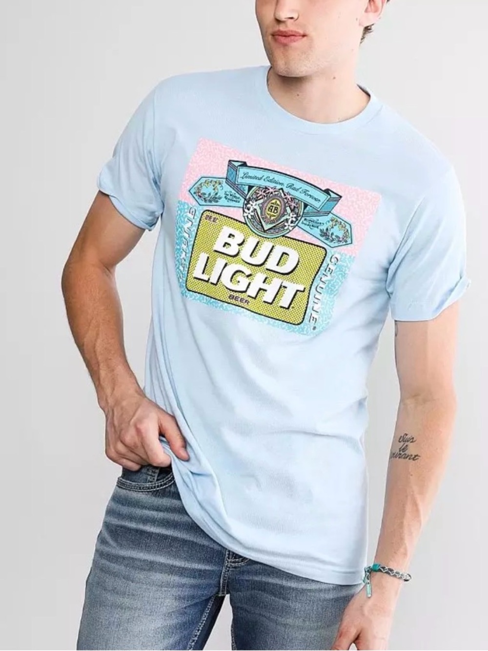 Budweiser Light Blue Short‎ Sleeve Tee with Multicolor Logo